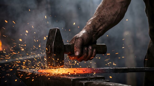 Artisan's Forge: The intense focus of a blacksmith is captured as he expertly shapes a piece of metal, sparks flying. A testament to skilled craftsmanship.