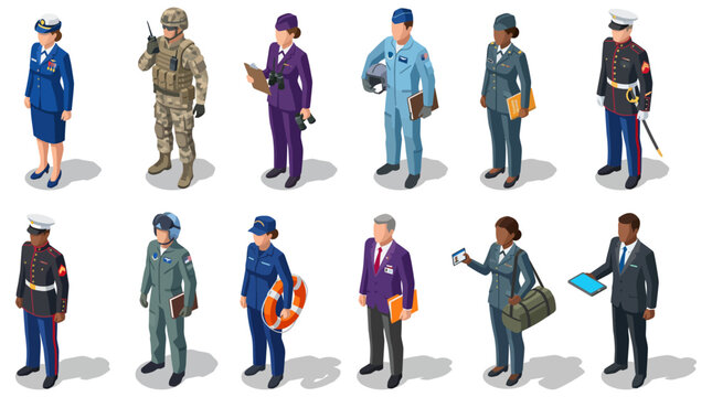 Set of isometric military and veteran personnel | Collection of soldiers, officers, and security staff | Professional government and defense characters