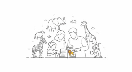 Fototapeta premium Line drawing of a man and woman with a child surrounded by various animals including a giraffe, elephant, and goat on a plain white background.