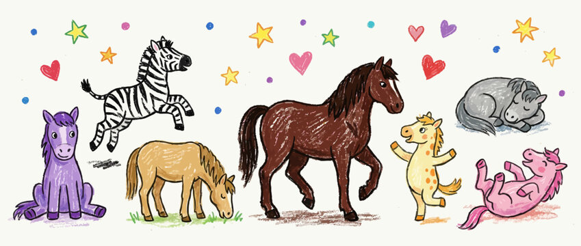 Cute horse kids pony and zebra print set, hand drawn childish cartoon naive equine illustration. Wax crayon scribble funny animal, kindergarten nursery playful decor. Cute colorful equestrian characte