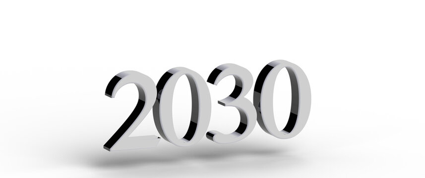 3D rendered illustration of the year 2030, silver metallic numbers, future planning and goals, vision for the future, wh