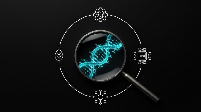 A magnified view of DNA strands surrounded by viruses under a microscope in a laboratory setting with a black background.
