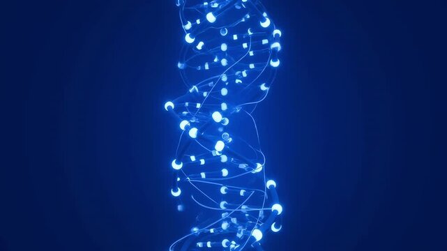 Abstract blue neon DNA double helix structure with glowing nodes and connecting lines on dark background, representing biotechnology and genetic science.