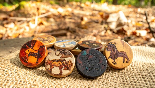 Artisan hand painted wooden tokens depicting stylized animal factions resting on a woven natural burlap fabric with a soft focus background of autumn leaves.