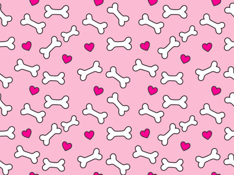 Seamless pattern of white dog bones and pink hearts a light pink background