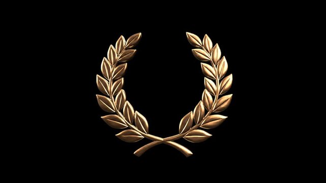 A brilliant, reflective 3D golden laurel wreath icon shines brightly against a solid black background. This high-contrast luxury asset is ideal for upscale corporate recognition ceremonies, prestigiou
