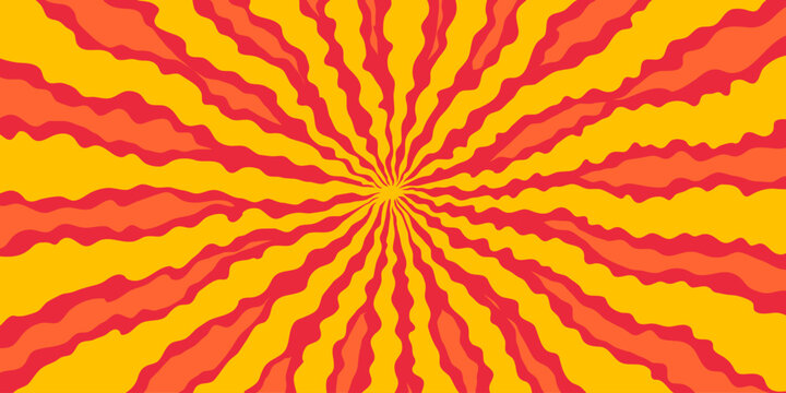 Comic background with radial red and orange rays forming abstract sunburst fire pattern. Radial sunburst composition with dynamic wavy flame lines. Vector illustration