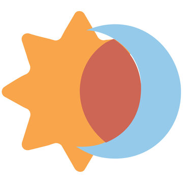 Mystical Sun and Moon Vector Graphic with Stars on Dark Background. An abstract celestial vector graphic depicting the sun and moon together, surrounded by stars. Elegant flat design