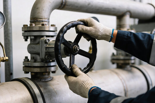 Worker's gloved hands turn a large valve on industrial pipes, controlling fluid flow