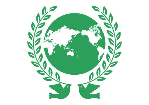 平和の鳩と葉と世界地図(日本中心)のアイコン