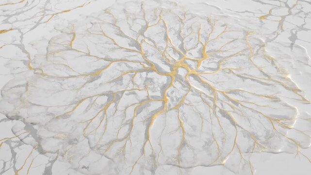 Abstract aerial view of white marble surface with golden and gray branching veins creating organic network patterns, ideal for background use.