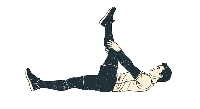 Man stretching hamstring while lying down, athletic fitness illustration