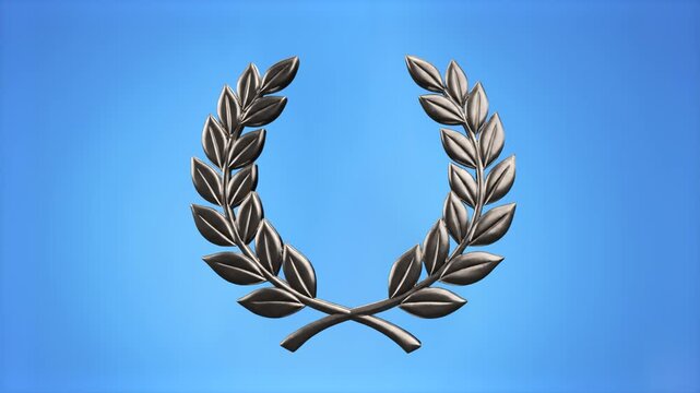 A shining 3D silver laurel wreath representing achievement, second place, or excellence. Set against a soft blue gradient background, perfect for award ceremonies and sports honors.