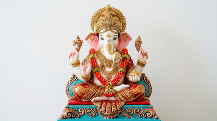 Fototapeta premium Golden Hindu Ganesha statue in meditative pose on white background