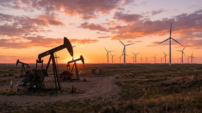 Oil pump jack vs wind turbines at sunset, energy transition contrast