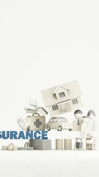 Insurance concept showing family, home, car, health, office and financial asset protection, symbolizing complete coverage and life stability, 3d rendering.