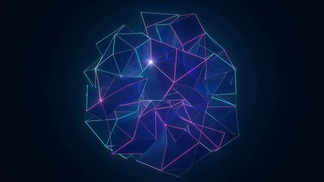 Abstract 3D wireframe polyhedron with glowing neon cyan and pink edges on dark navy background. Digital art concept for technology, data, artificial intelligence, and connectivity themes.