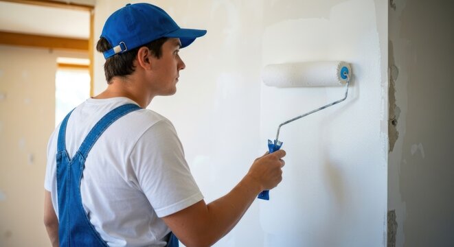 Young man in overalls and blue cap paints interior wall with roller