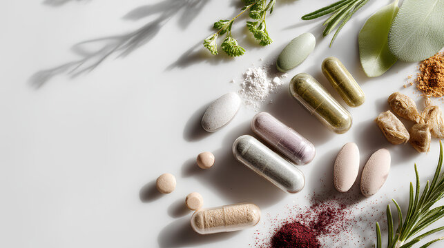 Biohacking supplements with vitamins minerals and herbs on clean white background showcasing life extension nutrition science and wellness optimization concept