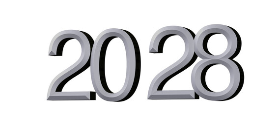 2028 in a stylish, silver font. Perfect for new year greetings and futuristic designs. © vegefox.com
