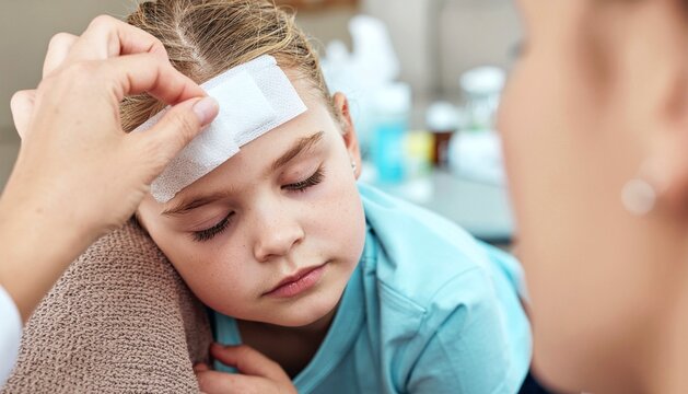 Mother Applying Fever Patch on Child Forehead in Close-Up Healthcare Scene