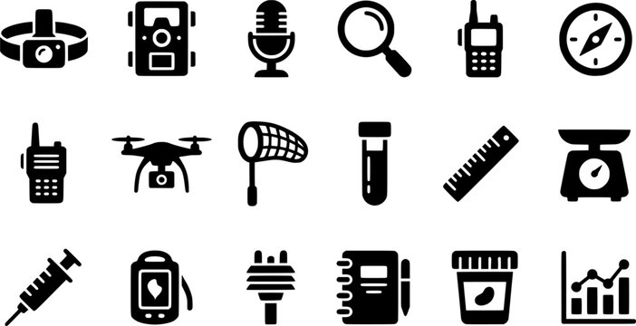 18 Black and White Wildlife Field Research Vector Icons Flat Line Art
