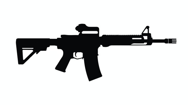 A black silhouette of a modern assault rifle on a white background