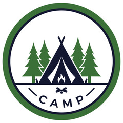 Obraz premium A nature-inspired camping logo with tent and trees in a green circular frame. Ideal for outdoor brands, travel blogs, and adventure themes that highlight exploration and connection with nature.