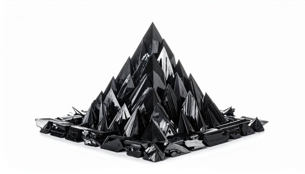 A magnificent array of polished obsidian shards arranged in a striking and aggressive pyramid formation isolated on a pure white background.