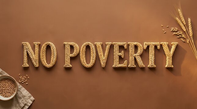 A poverty awareness campaign sign with grains and bowl on a table