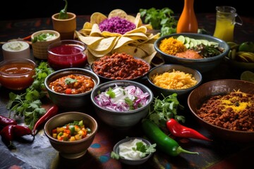 Fototapeta premium Assortment of fresh mexican food and ingredients served on a vibrant table for a sharing meal