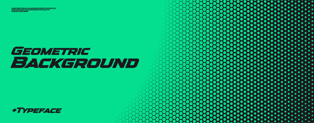 Obraz premium Hexagonal honeycomb green neon gradient, tech halftone background with bold sharp dynamic font for sport, race, technology. Perfect for banner, website, poster, branding, ads. Vector illustration