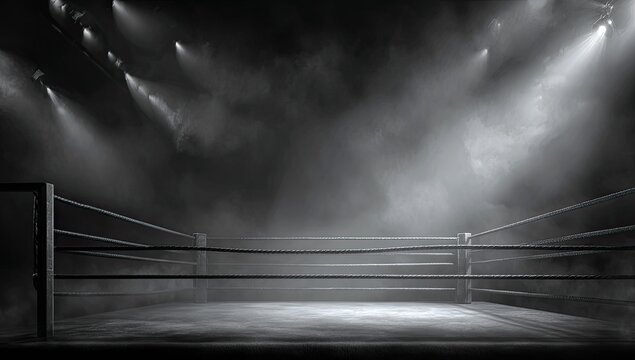 Empty boxing ring under spotlights, with dramatic smoke and shadows