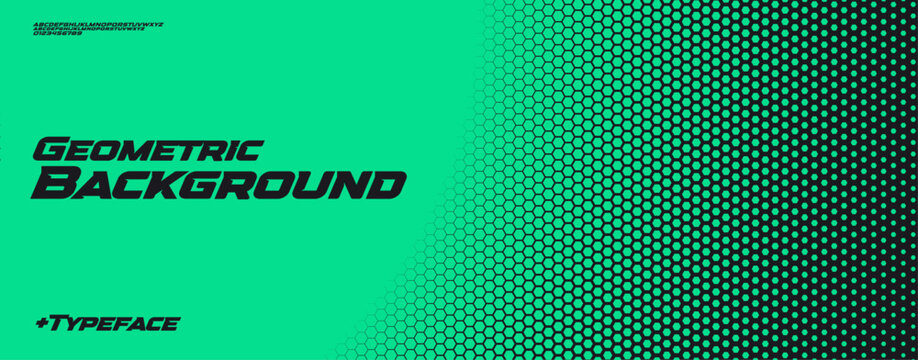 Hexagonal honeycomb green neon gradient, tech halftone background with bold sharp dynamic font for sport, race, technology. Perfect for banner, website, poster, branding, ads. Vector illustration