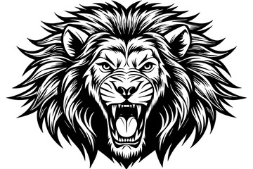 Obraz premium A fierce lion with a powerful roar and sharp teeth, showcasing its wild nature and strength in a striking black and white illustration.