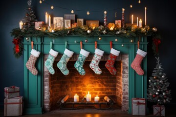 Naklejka premium Holiday decorated chimney with lit candles and garland creating a warm festive atmosphere