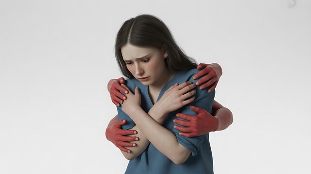 Sad woman feeling trapped by many grasping red hands