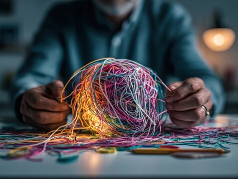 Complexity and problem solving A senior man is shown untangling a colorful ball of string representing the challenges confusion and mental acuity required for solution finding.