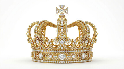 Fototapeta premium Golden royal crown with cross and gemstones on white background