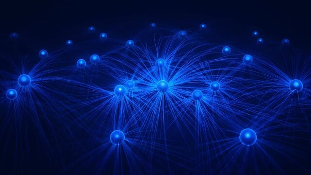 Abstract digital visualization of interconnected blue glowing spheres and radiating light lines forming network nodes on dark background, representing data connectivity and technology.