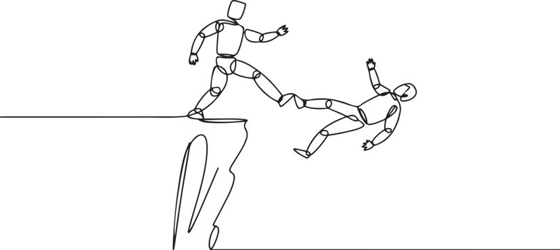 Single one line drawing robot kick throw colleague off cliff or hill. Eliminate rival coworker. Rivalry and competition. one line Icon drawing