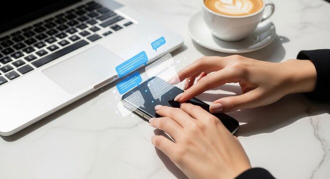 Close up of hands using smartphone with digital chat bubble overlays f