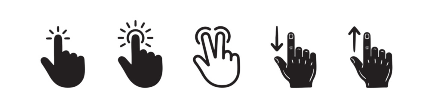 Vector icons of touch screen gestures including scrolling, tapping, clicking, and swiping in clean line and solid silhouette styles. Ideal for UI/UX mobile app guides.