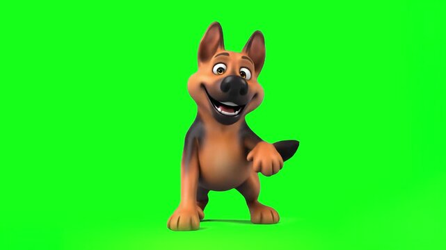 A humorous 3D animated cartoon character of a happy German Shepherd dog dancing or gesturing playfully while standing in place. The green screen backdrop allows for quick background isolation in famil