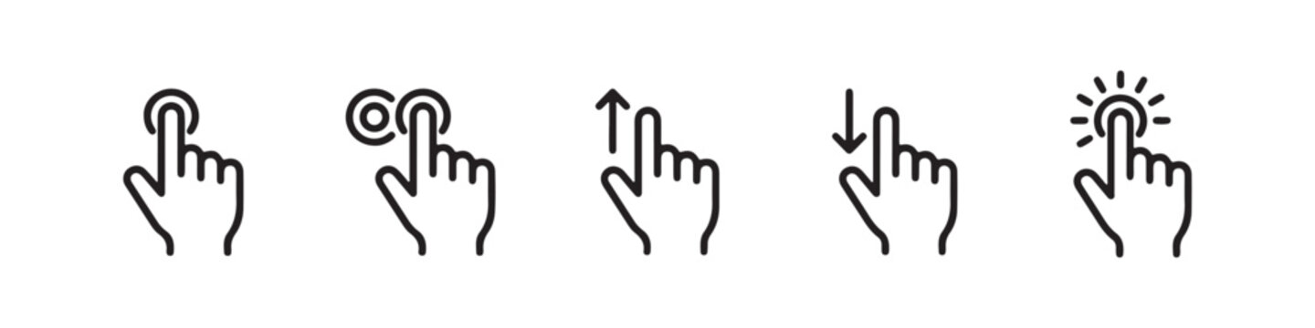 Vector icons of touch screen gestures including scrolling, tapping, clicking, and swiping in clean line and solid silhouette styles. Ideal for UI/UX mobile app guides.