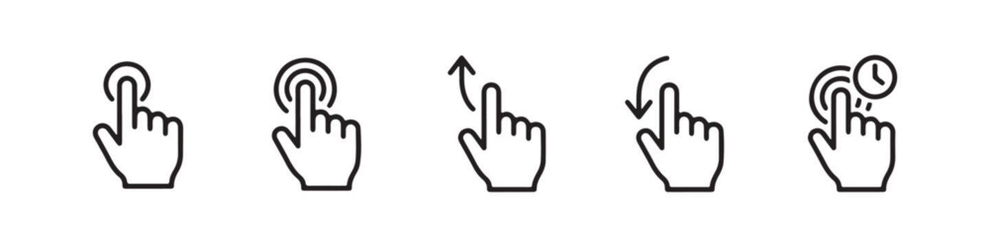 Vector icons of touch screen gestures including scrolling, tapping, clicking, and swiping in clean line and solid silhouette styles. Ideal for UI/UX mobile app guides.