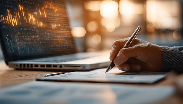 Person's hand writing on document near laptop displaying glowing stock market data