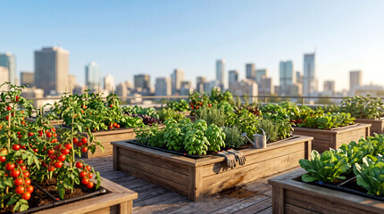 Fototapeta premium Rooftop garden with summer vegetables and tomato vines on modern city building urban farming sustainability concept