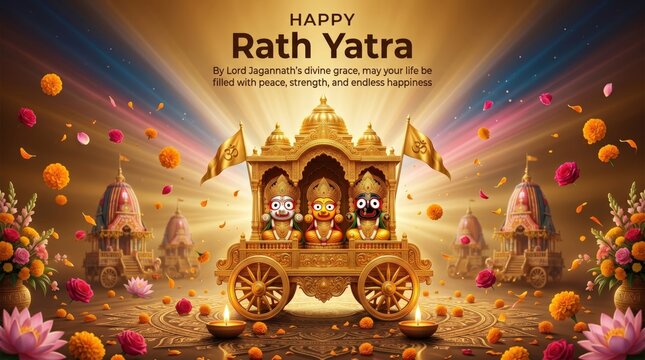 Golden chariot with three deities Jagannath Balabhadra Subhadra adorned with flowers and flags during Rath Yatra festival celebration with glowing lights and floral decorations