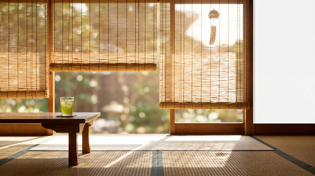 Japanese traditional room with sudare bamboo blinds filtering golden summer sunlight and iced green tea on tatami